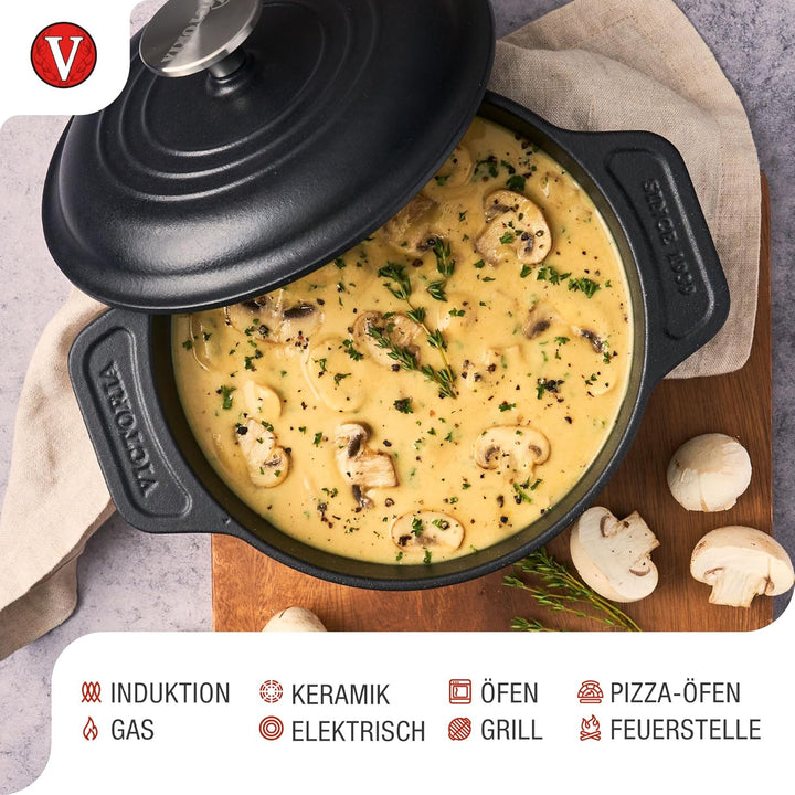 Victoria Dutch Oven Gusseisen Emailliert, Induktion 20cm, Topf Brot Backen 1,9 L, PTFE und PFOA Frei