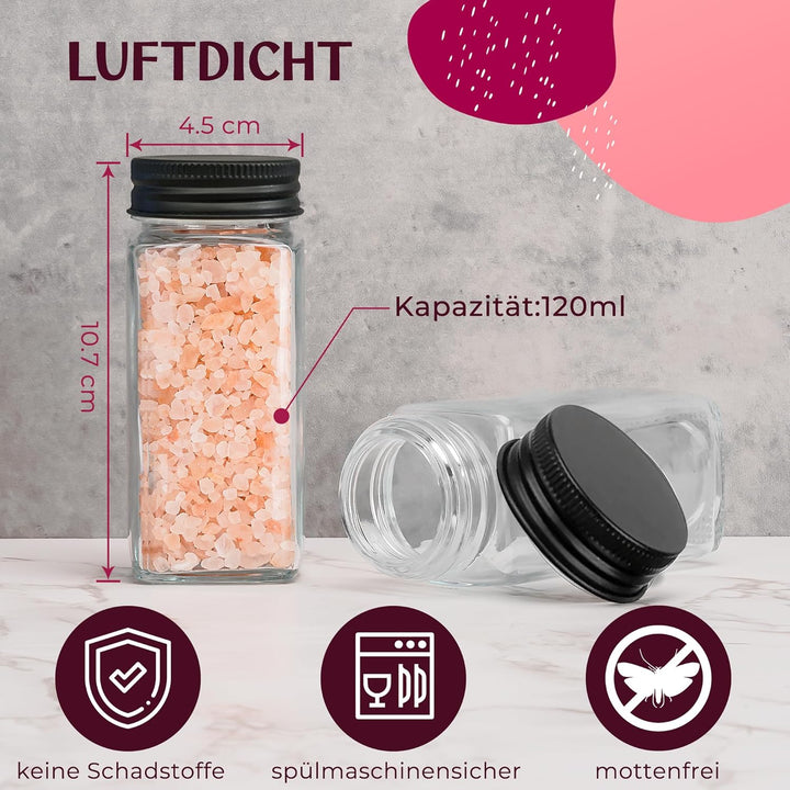 Happy Lemuro Gewürzgläser Set [24 x 120ml] mit 301 Etiketten auf Deutsch | Matte Deckel in Schwarz |