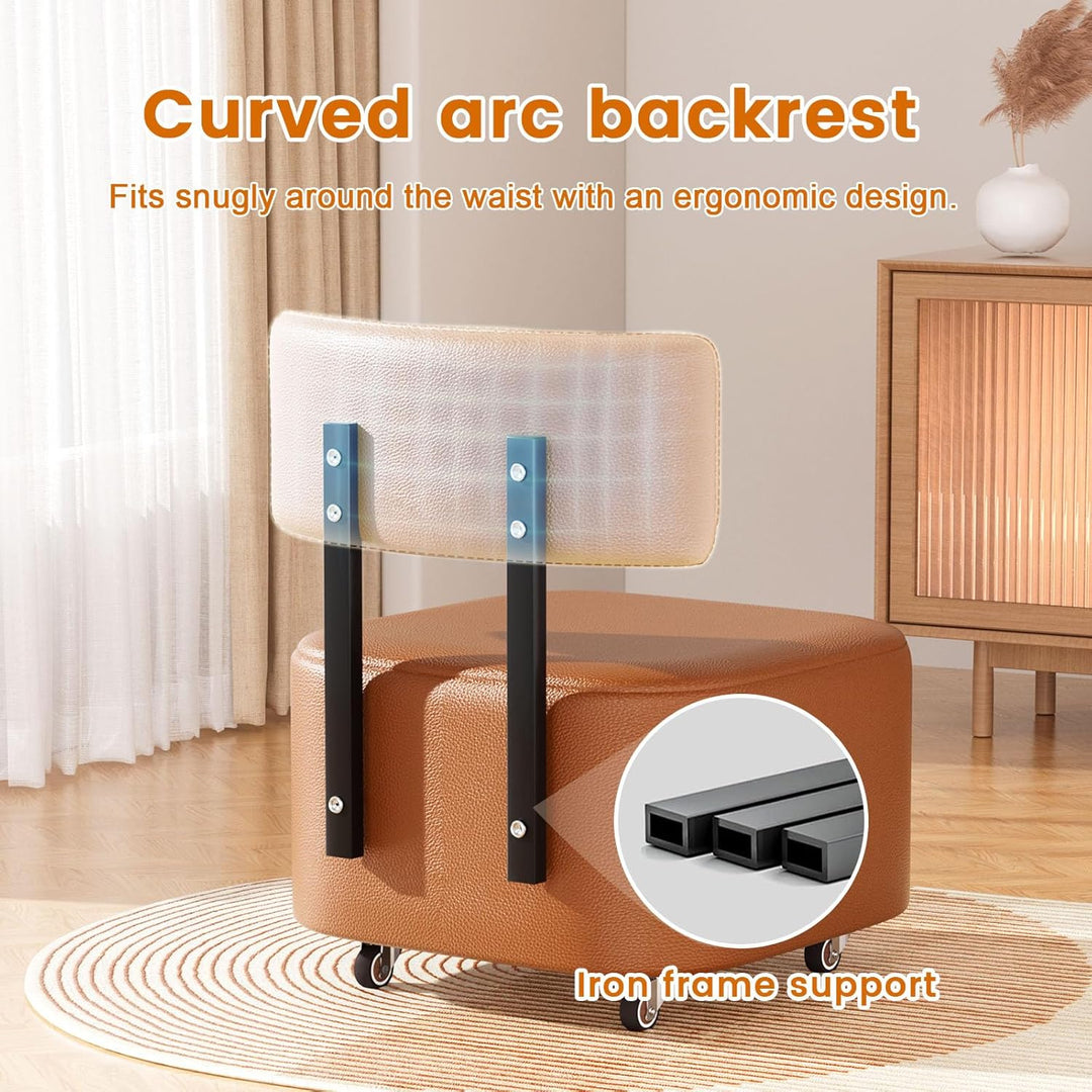Rollhocker mit Rückenlehne, niedriger Rollhocker mit PU-Leder, Rollhockerstuhl, Rollsitze für Zuhaus