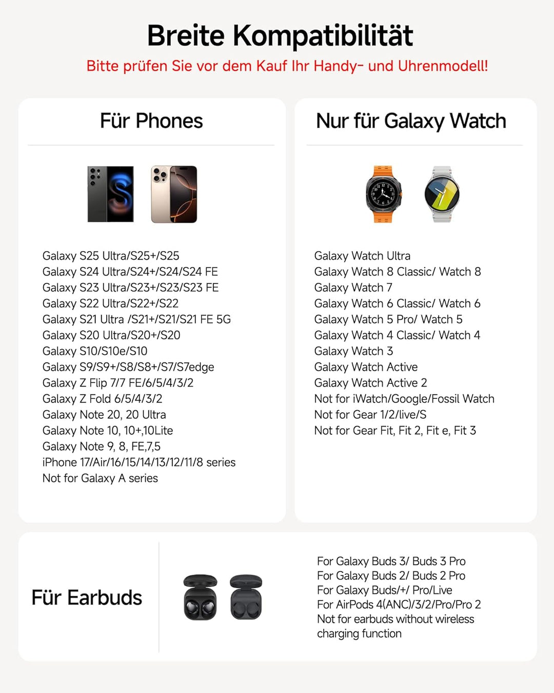 Induktive Ladestation für Samsung, 2025 Upgrade Kabelloses Ladegerät 3 in 1 für Galaxy Watch 8/Ultra