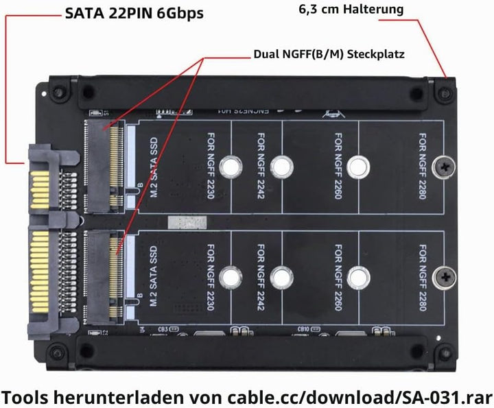 Xiwai Dual NGFF B+M Key M.2 SSD-Karte JOBD Raid0 Span Bridge zu 2,5-Zoll-SATA-Combo-HDD-Festplatteng