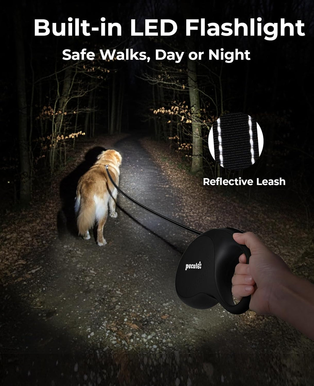 Pecute Hundeleine 8m, Rollleine für Hunde mit LED-Licht, 360° Verknotungsfreier verlängerter Leine,