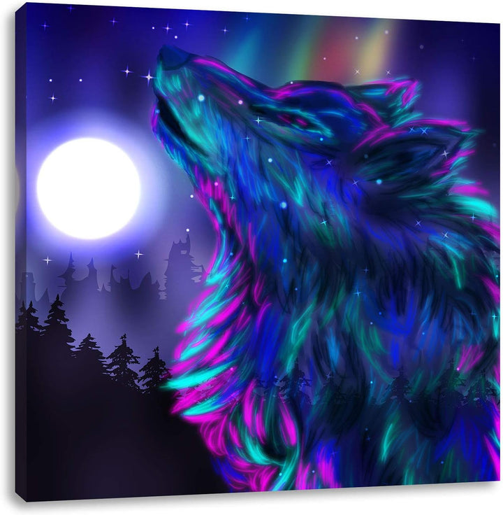 Abstrakter Wolf mit Mond, Format: 70x70 auf Leinwand, XXL riesige Bilder fertig gerahmt mit Keilrahm