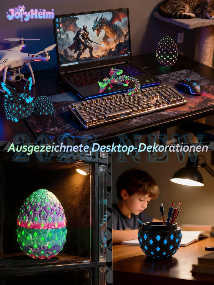 3D Drachenei mit Drache & Nachtleuchten Effekt - 3D Drache mit Flügeln, UV-aktiviertes Leuchten im D