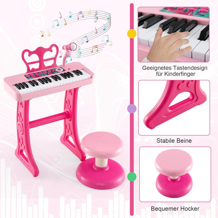 DREAMADE Kinder Keyboard, 37 Tasten E-Piano mit Notenständer & Mikrofon & Hocker, Klavier Spielzeug