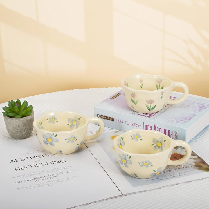 Koythin 2 Stück Kaffeebecher Porzellan, Kreative und Niedliche Blume Kaffeetasse für Büro und Zuhaus