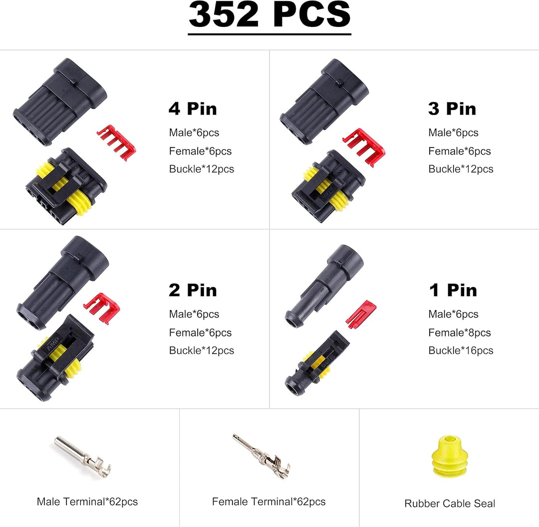 352 Stücke Wasserdichte KFZ Kabel Stecker Kit, 1/2/3/4 Pin Auto Stecker, schnelle und sichere elektr