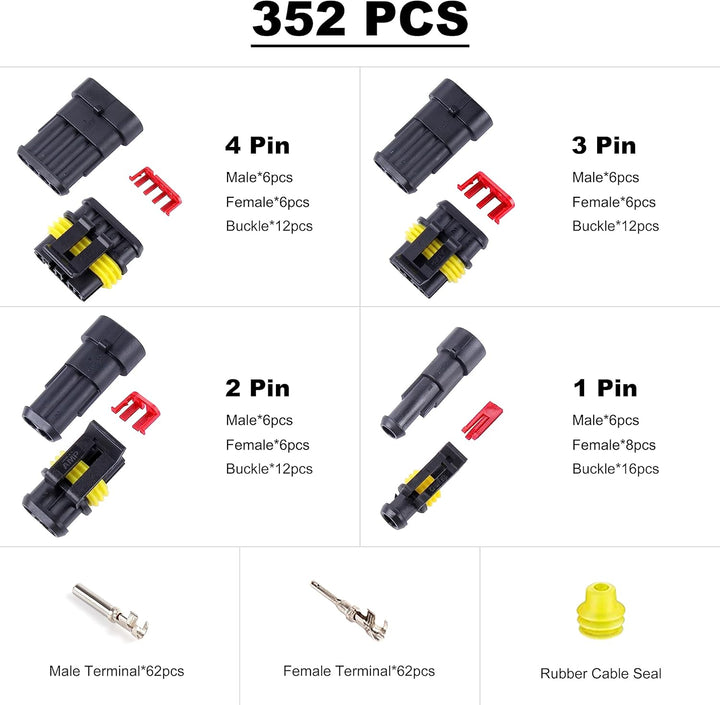 352 Stücke Wasserdichte KFZ Kabel Stecker Kit, 1/2/3/4 Pin Auto Stecker, schnelle und sichere elektr