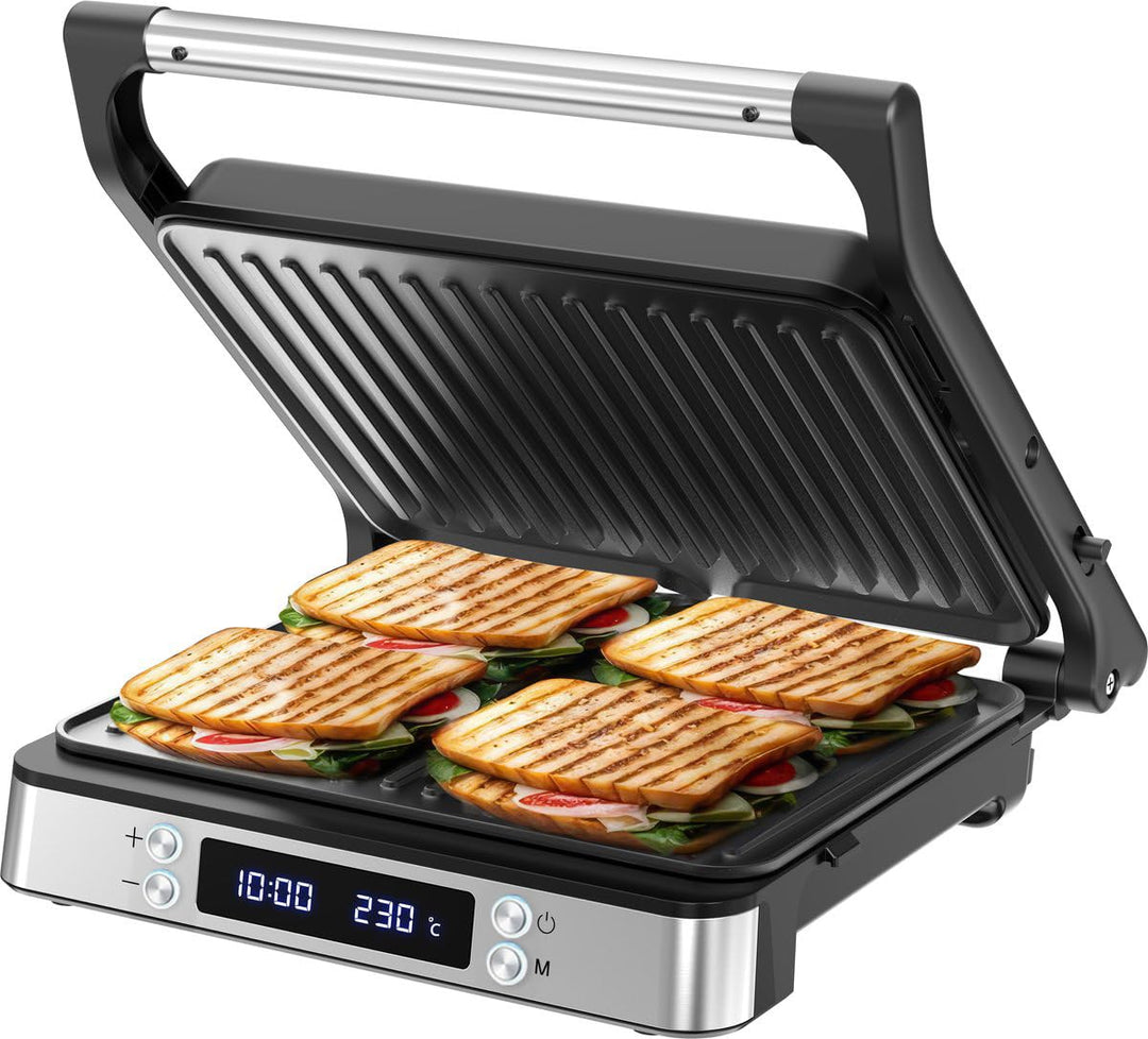 Olvy Sandwichmaker XXL, Digitaler Kontaktgrill mit Antihaftplatten, 3-in-1 Panini Maker, 180° offene