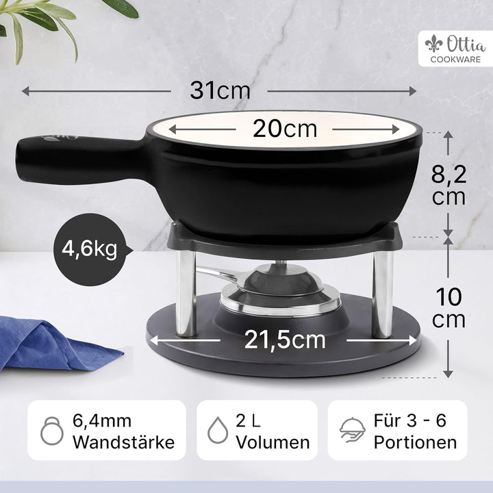 Ottia Gusseisen Fondue Set für 2, 3, 4, 5, 6 Personen, 3-lagige Emaille, Schadstofffrei, 10-teilig m