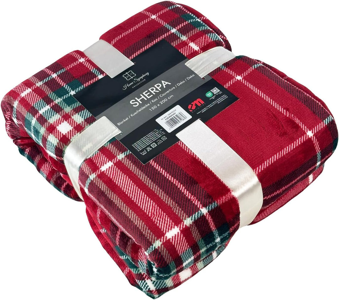 Euromat Sherpa Mikrofaserdecke, Flanell Kuscheldecke, Wohndecke, Bettüberwurf 150x200 cm (Rot Karier