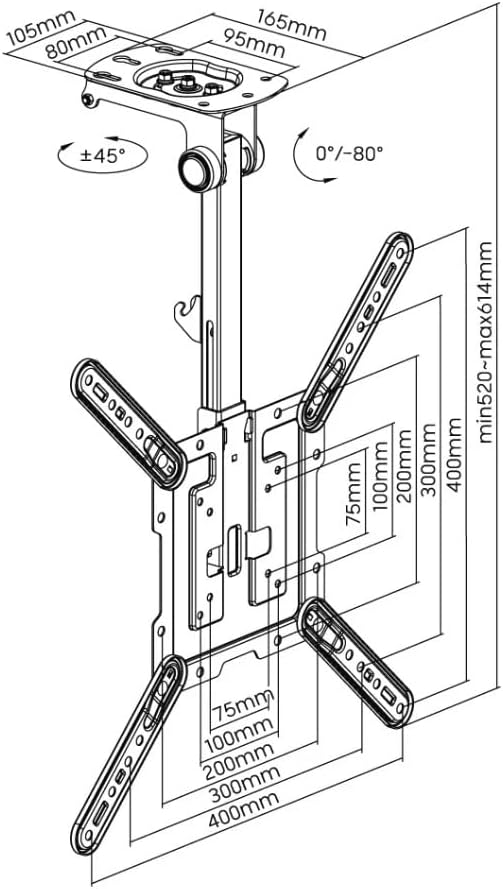 ARLI TV Deckenhalterung klappbar 23–55 Zoll neigbar schwenkbar faltbar Halter VESA bis 400×400 höhen