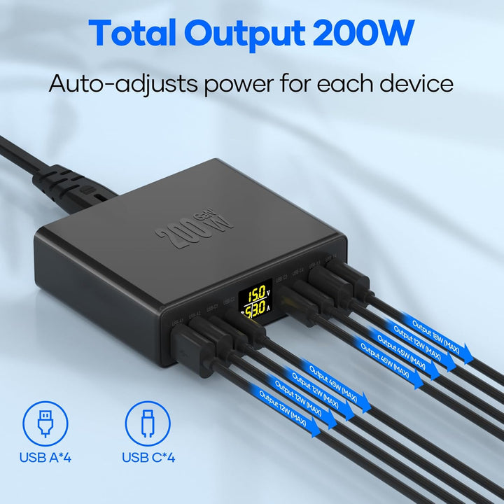 USB C Ladegerät Mehrfach 8-Port mit LED Anzeige, YSYFAD 200W GAN USB Ladestation PPS PD Type C Netzt