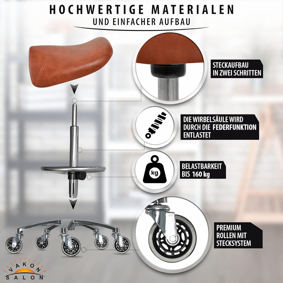 Premium Sattelhocker Hellbraun, Sattelstuhl für Rückenentlastung, Rollhocker höhenverstellbar von 55