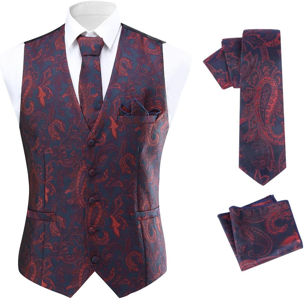 Allthemen Herren Anzugweste Paisley Jacquard Weste Krawatte Einstecktuch Anzug Weste Set für Hochzei
