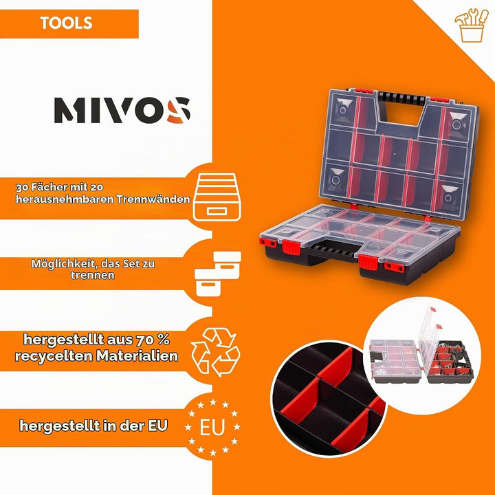 Mivos Doppelseitig Sortimentskasten 390 x 290 x 130 mm mit 30 Verstellbare Fächer - 2 Seitig Sortier