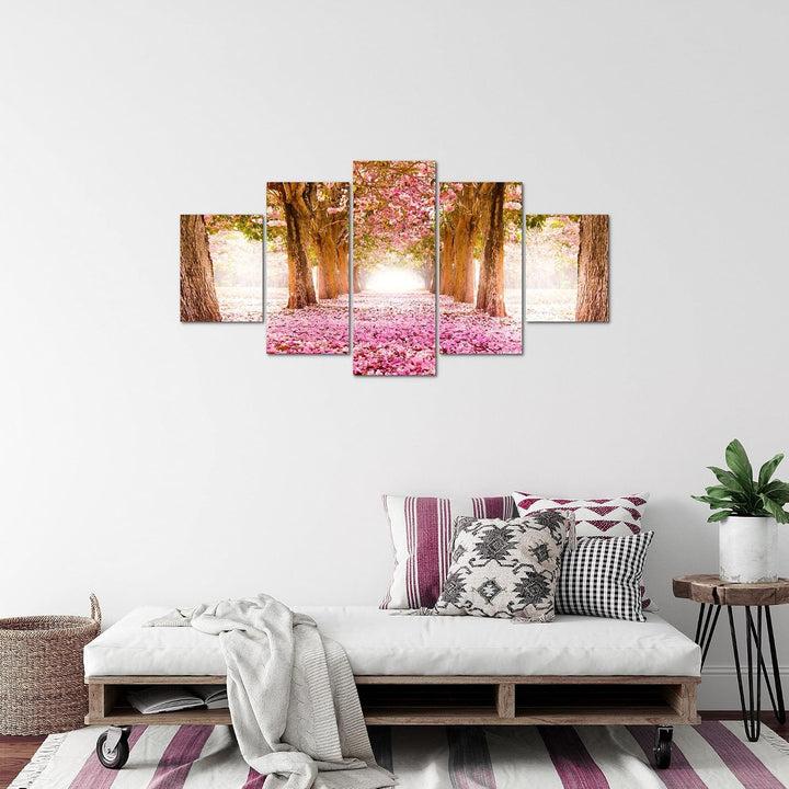 Runa Art Bild Schlafzimmer Wohnzimmer Wald Landschaft 5 Teilig Natur Rosa Wandbilder auf Vlies Leinw