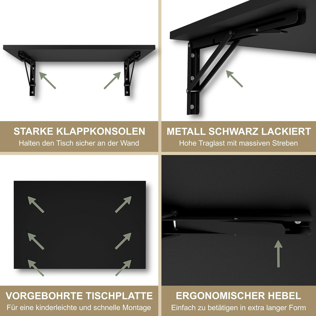 KDR Wandklapptisch 60x40 cm – Klapptisch zur Wandmontage, platzsparender Wandtisch, klappbarer Essti