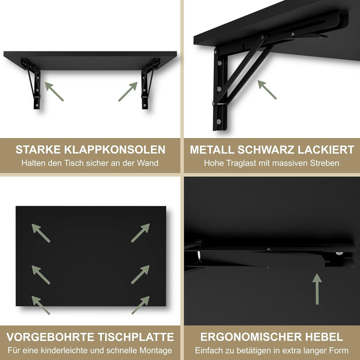 KDR Wandklapptisch 60x40 cm – Klapptisch zur Wandmontage, platzsparender Wandtisch, klappbarer Essti