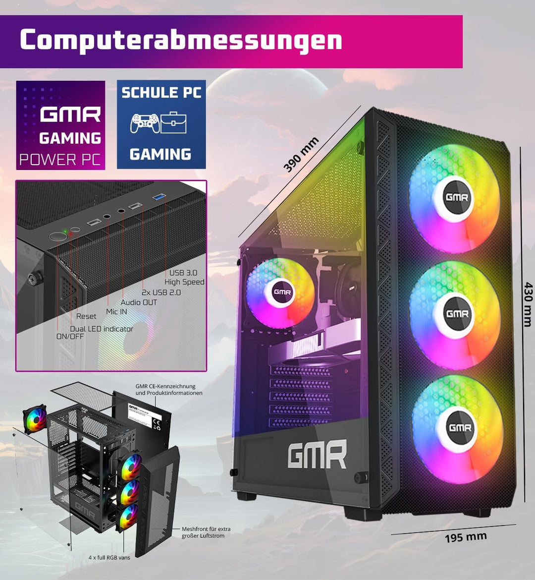 GMR Power Gaming PC - Ryzen 5 für Gamer | 3 Jahre Garantie | 16 GB RAM | 1000GB SSD | RX 580 Radeon
