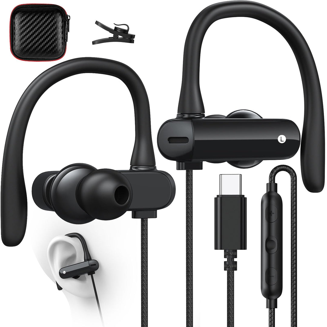 USB C Kopfhörer mit Mikrofon Ohrhaken Lautstärkeregler Kopfhörer USB C mit Kabel für Samsung Galaxy