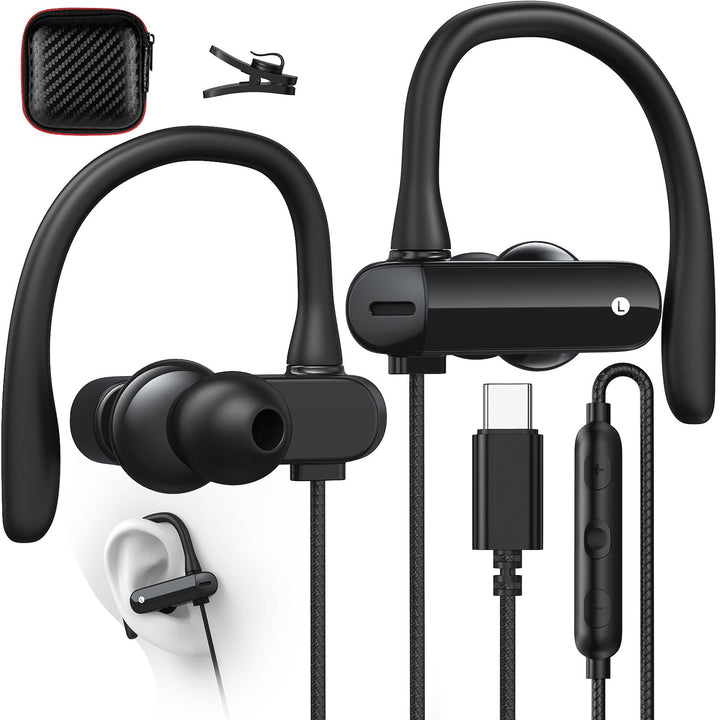 USB C Kopfhörer mit Mikrofon Ohrhaken Lautstärkeregler Kopfhörer USB C mit Kabel für Samsung Galaxy