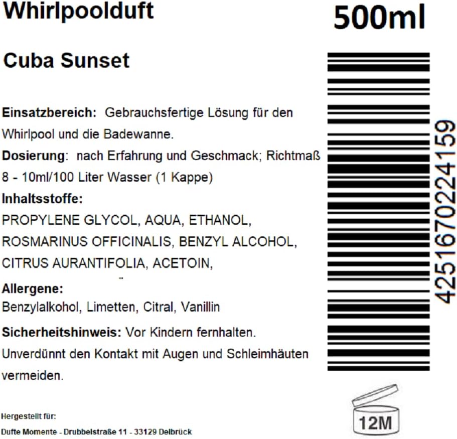 Dufte Momente | Whirlpool Duft 500ml | Cuba Sunset (Geranium, Mojito, Rum) | mit naturreinen und nat