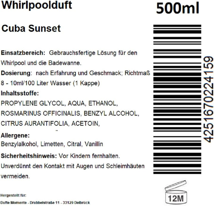 Dufte Momente | Whirlpool Duft 500ml | Cuba Sunset (Geranium, Mojito, Rum) | mit naturreinen und nat