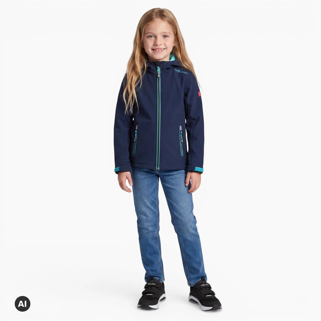 Trollkids Kinder Softshell Jacke Trollfjord 104 Marineblau / Mint, 104 Marineblau / Mint
