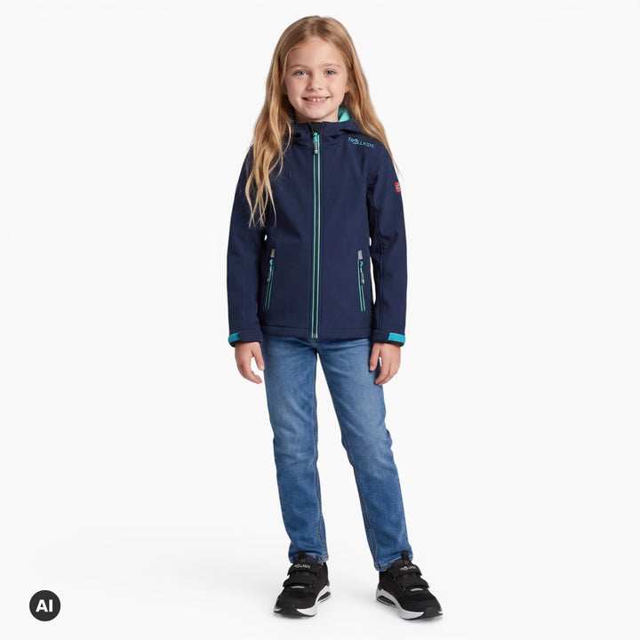 Trollkids Kinder Softshell Jacke Trollfjord 104 Marineblau / Mint, 104 Marineblau / Mint