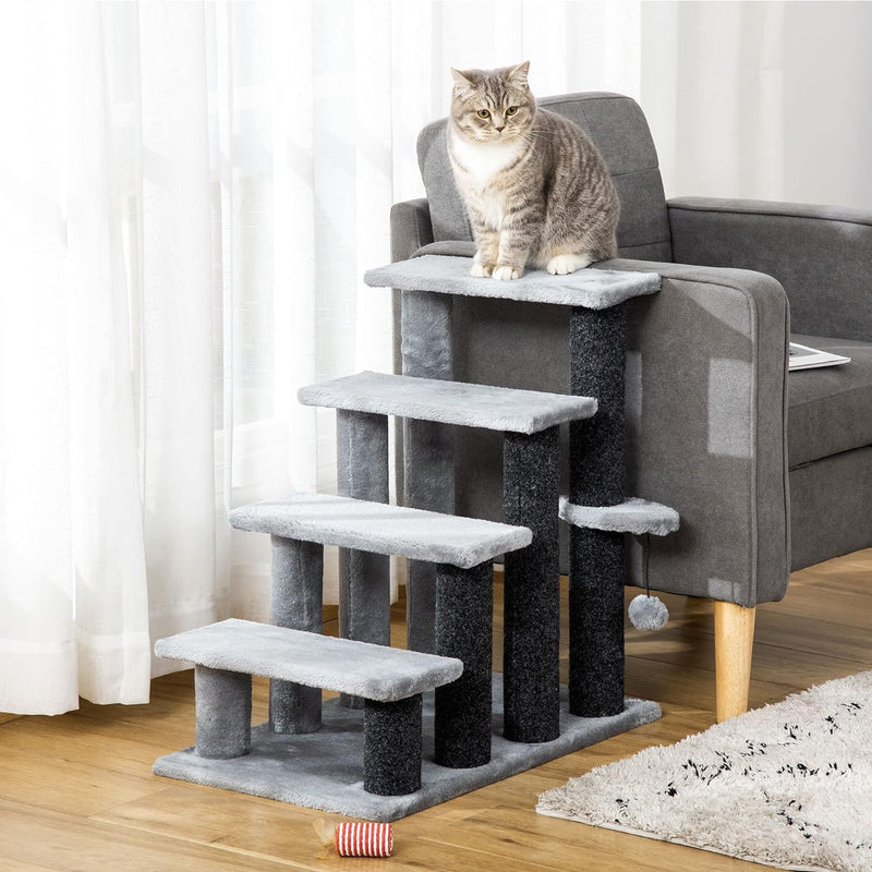 PawHut Haustiertreppe Katzentreppe mit Kratzbaum Ball 4-stufige Hundetreppe Tiertreppe Spanplatte Pl