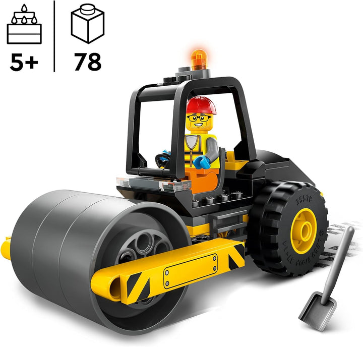LEGO City Strassenwalze, Baustellenfahrzeug für Kinder ab 5 Jahren, Dampfwalze-Spielzeug mit Bauarbe
