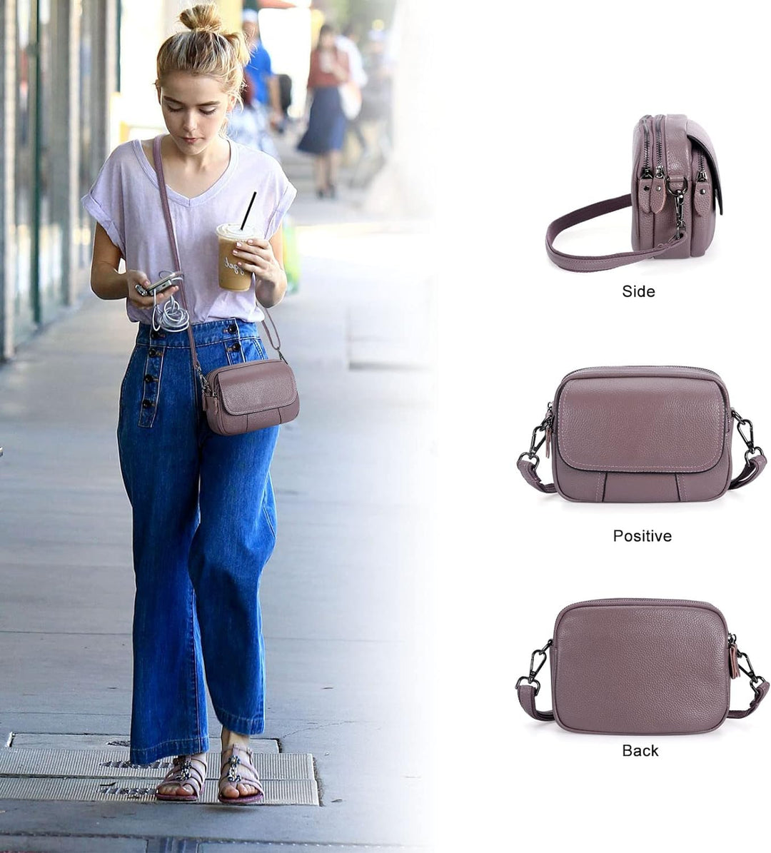 HAWEE Damen Handy Umhängetasche Echtes Leder Crossbody Schultertasche mit 3 Reissverschlüsse Kleine