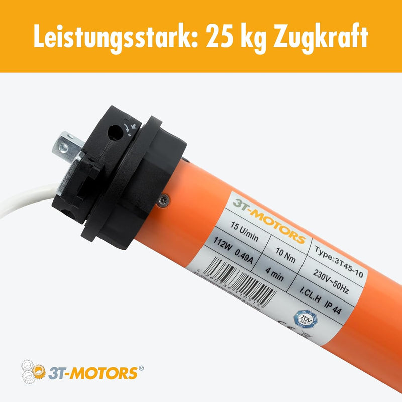 3T-MOTORS Rollladenmotor 3T45-10 (Zugkraft 10 Nm/25 kg) für 60 mm 8kant Rollladenwelle (SW60), mit m