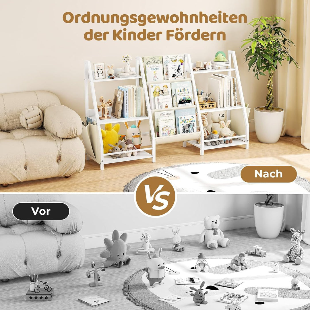 Kinder Bücherregal Mit 6 Fächern und 3 Ablagen | Spielzeugregal in Weiss | 127x72 cm Grosses Bücherr