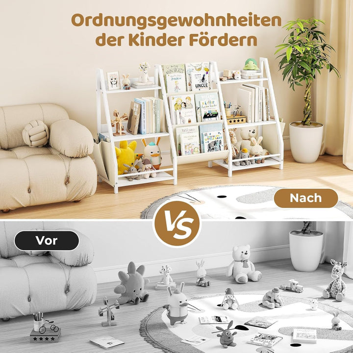 Kinder Bücherregal Mit 6 Fächern und 3 Ablagen | Spielzeugregal in Weiss | 127x72 cm Grosses Bücherr