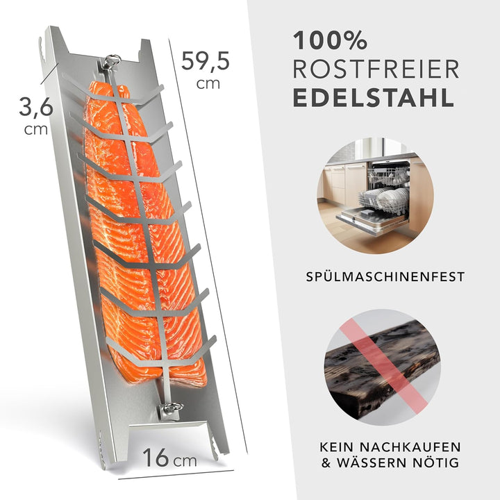 Flammlachsbrett Edelstahl 59,5cm | Extra langer Flammlachshalter passend für Feuerschalen und Grills
