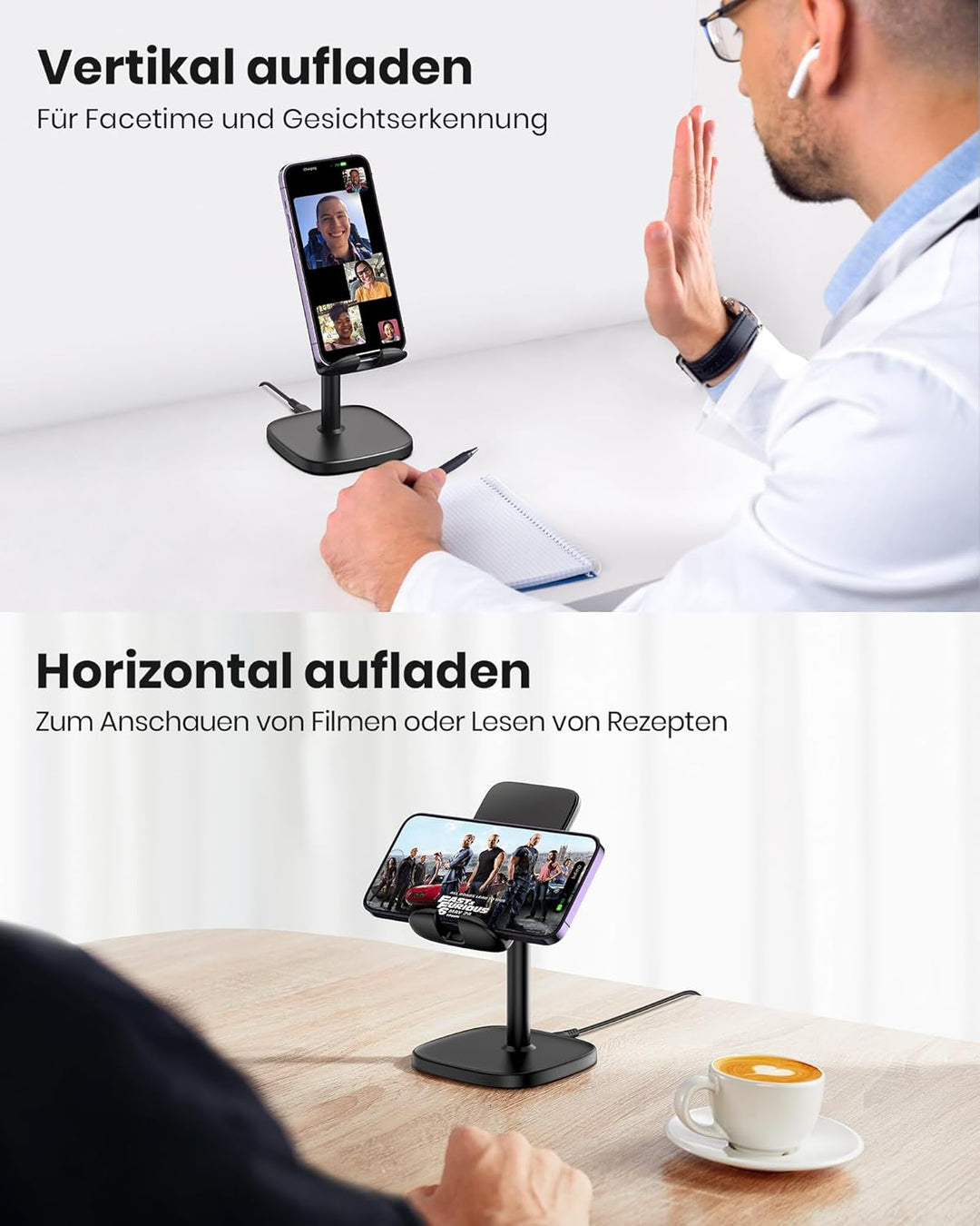 INIU Wireless Charger, 15W Induktive Ladestation Qi-Zertifiziert Schnelles Kabelloses Ladegerät Hand