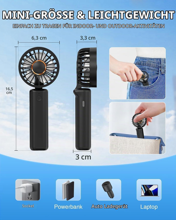 Tragbarer Handventilator,Mini-Schreibtischventilator Faltbar 1800mAh,180° Rotation,3 Geschwindigkeit