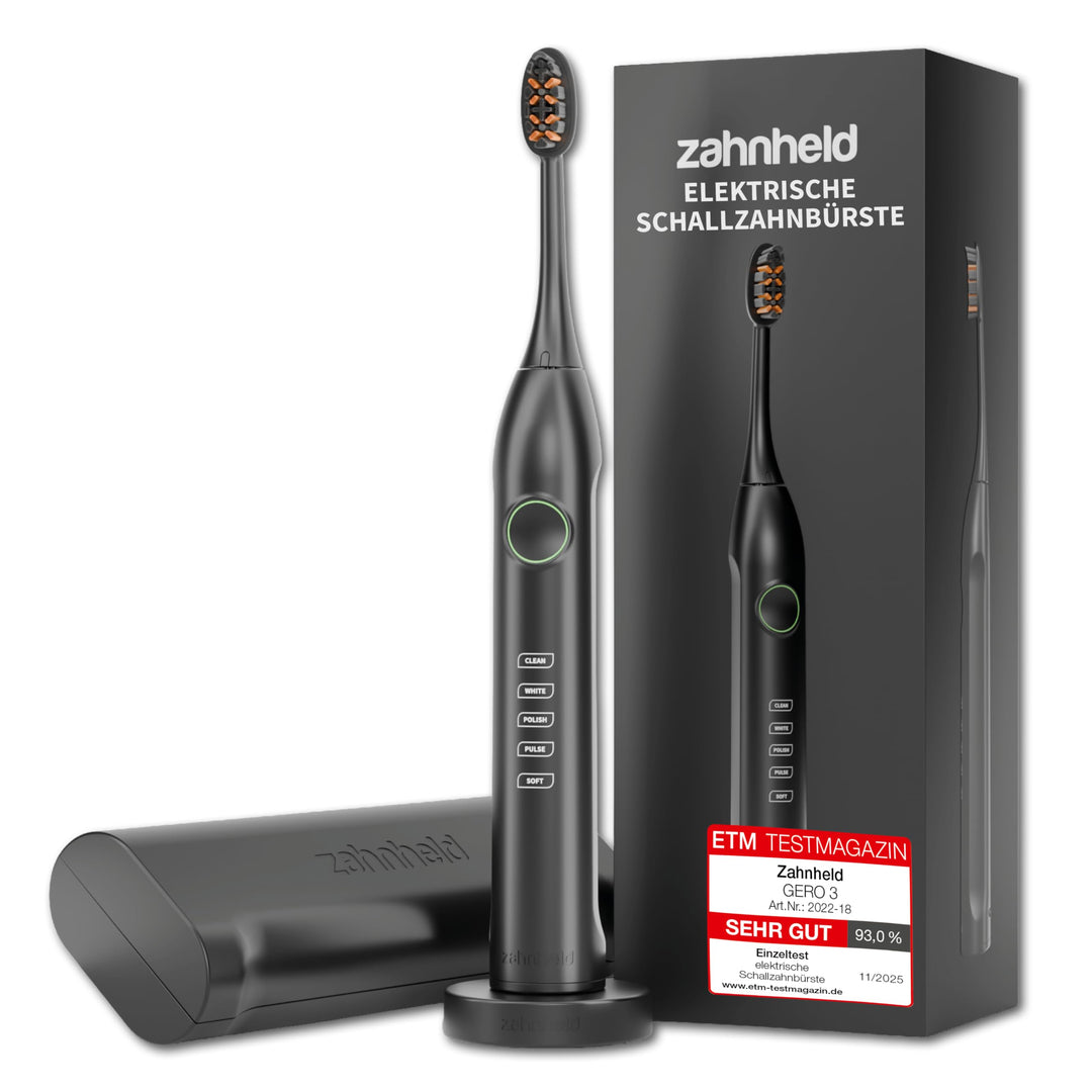 Zahnheld Gero 3 Schallzahnbürste, ETM Test SEHR GUT 93%, IPX7, Schwarz | Elektrische Zahnbürste, bis