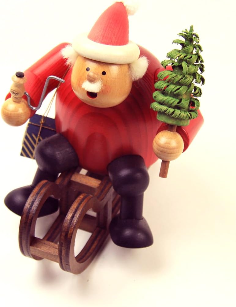 KWO Olbernhau Räuchermann Weihnachtsmann mit Schlitten, 18 cm, Mehrfarbig