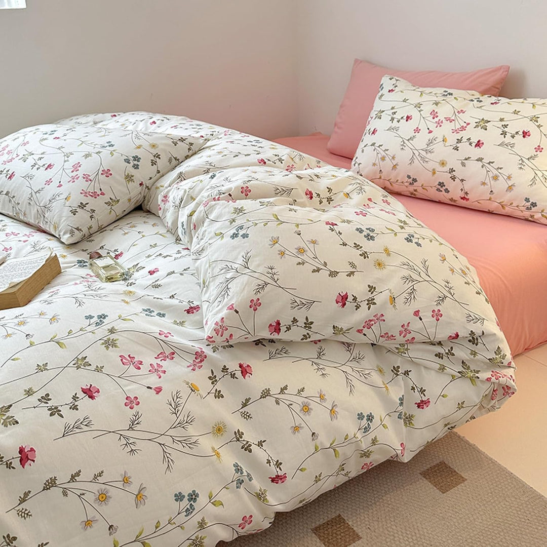 Freyamy Blumen Bettwäsche 135x200cm 2teilig Baumwolle Beige Rosa Bunt Floral Blätter Pflanzen Wende