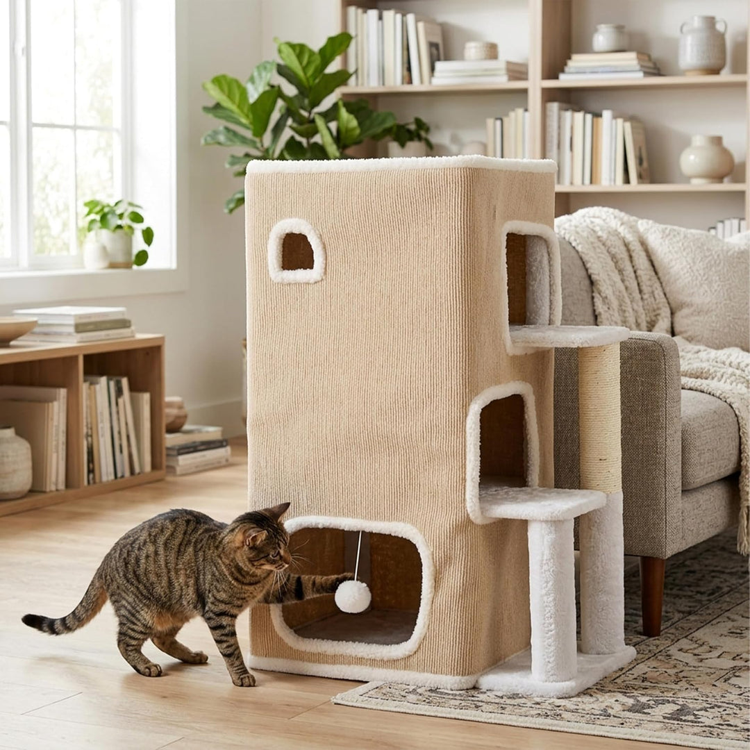 Relaxdays Katzenhaus 3-stöckig, Katzenhöhle mit Ball &amp; Kratzbaum, beige | HxBxT: 83,5x43x34 cm, Tier