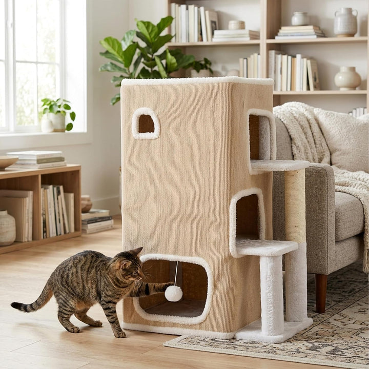Relaxdays Katzenhaus 3-stöckig, Katzenhöhle mit Ball &amp; Kratzbaum, beige | HxBxT: 83,5x43x34 cm, Tier