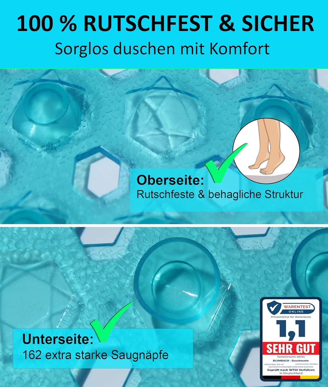 Blumbach® Duschmatte rutschfest 53x53cm - 100% BPA-frei - Inkl. 2 Haken zum Aufhängen - griffige Ant