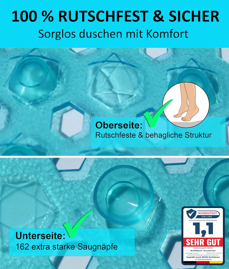 Blumbach® Duschmatte rutschfest 53x53cm - 100% BPA-frei - Inkl. 2 Haken zum Aufhängen - griffige Ant