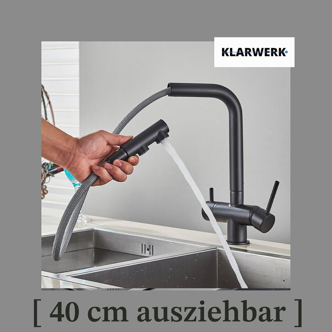 Felix | 3 Wege Premium Schwarz matt ausziehbare Armatur | Edelstahl Osmose Wasserhahn Küche |Mischba