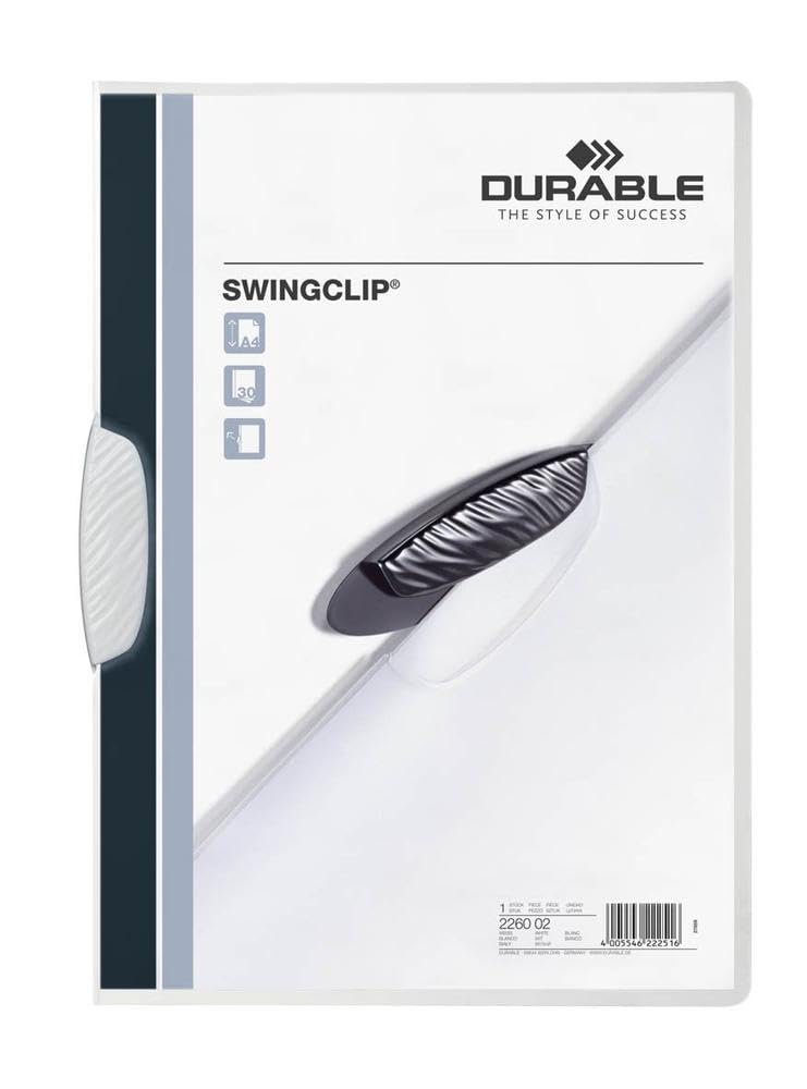 Durable Klemm-Mappe Swingclip aus PP, bis zu 30 Blatt A4, weiss, 25er Packung, 226002, weiss