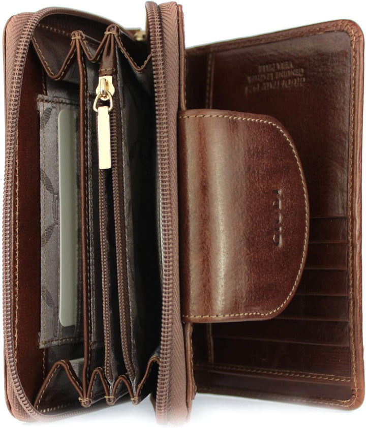 GIUDI ® Geldbörse Damen, Rindsleder, Vintage, Mittel-Gross, Mit vielen Fächern (Braun)
