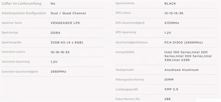 Corsair Vengeance LPX 32GB (4x8GB) DDR4 2666MHz C16 XMP 2.0 High Performance Desktop Arbeitsspeicher